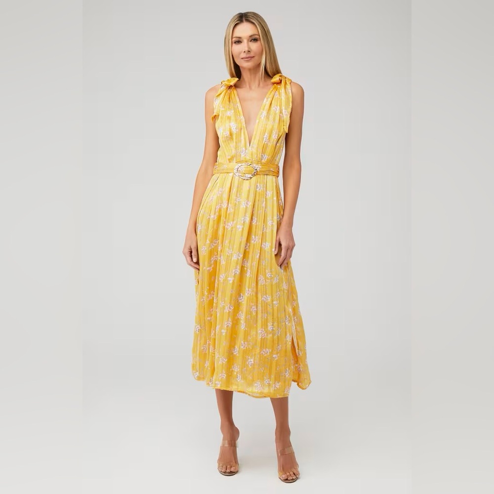 Yellow Floral Tie-Shoulder Midi Dress
